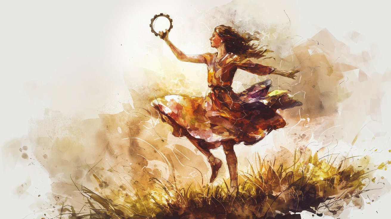 Jephthah's daughter dancing and playing te tambourine