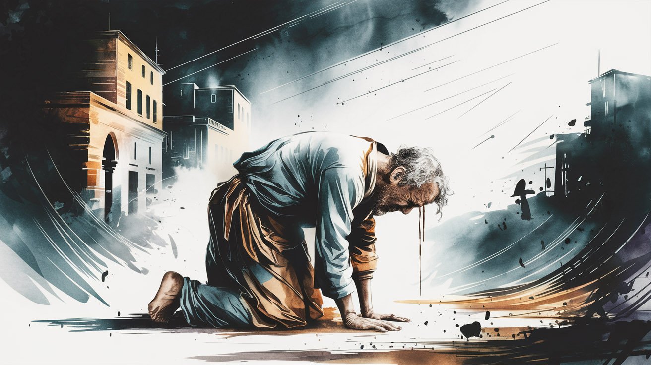 A man in distress with the glory of God shining on him.