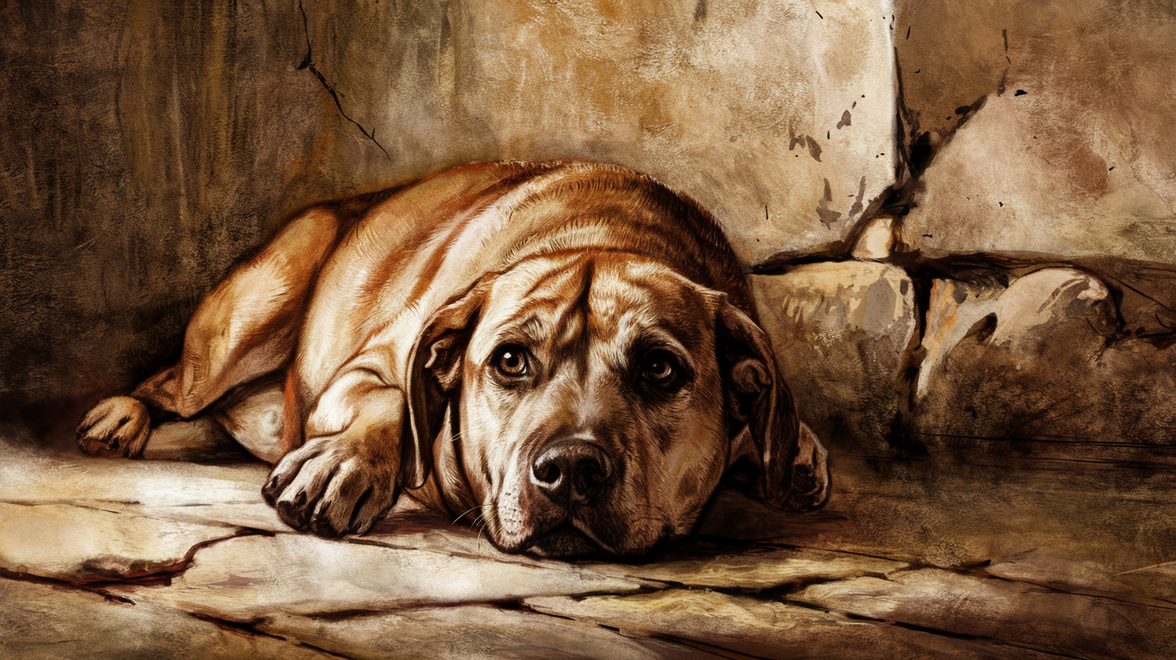 a humble dog on the floor begging.