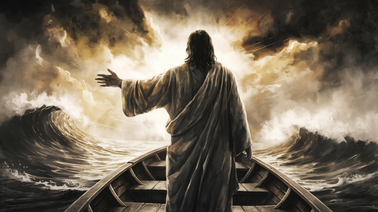 An image of Jesus in a boat rebuking the storm.